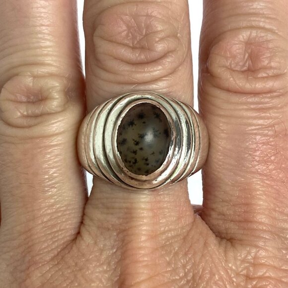 Solid Sterling Silver 925 Unisex Oval Dendritic Fern Agate Wide Band Ring Sz 8.5 - Picture 2 of 16